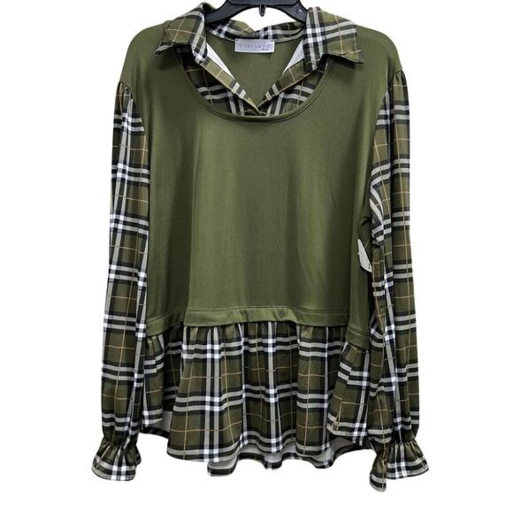 C’est La Vie Green teen plaid layered look Academia preppy blouse sz XL
